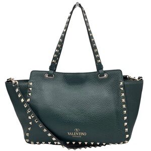 Valentino Garavani Small Rockstud Trapeze Green Pebbled Leather Tote Bag